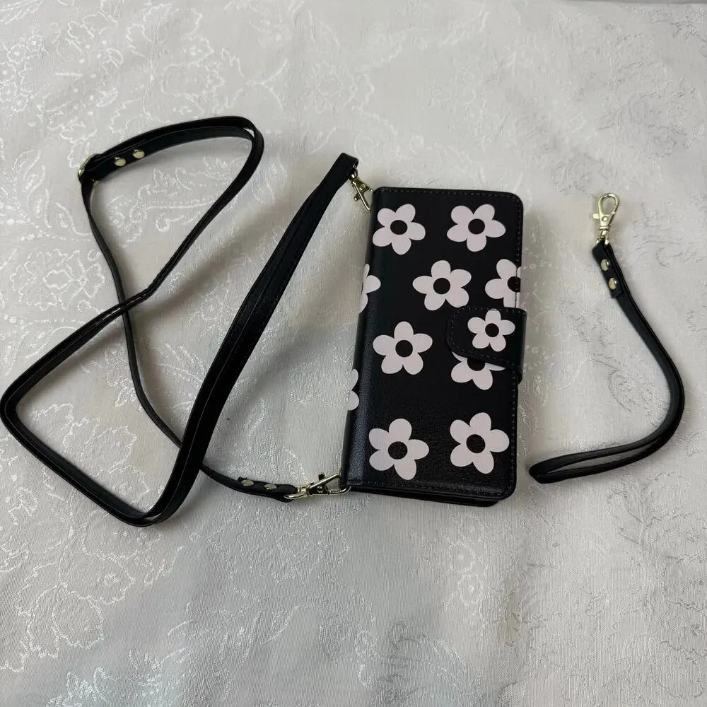Samsung Galaxy Phone S25 Ultra Wallet Case Black Pink Flowers w/ Wrist Strap
